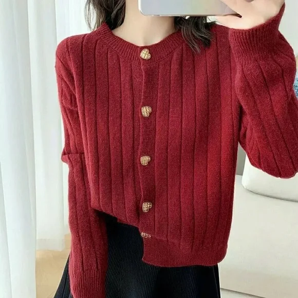 Burgundy cardigan sweater red heart button long sleeve womens